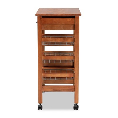 Crayton Oak Brown and Silver Mobile Kitchen Cart with Wine Storage