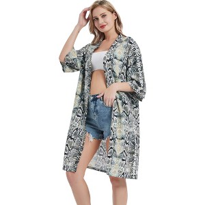 Anna-Kaci Women's Printed Chiffon Layering Long Open Front Duster Cardigan - One Size Fits Most,Snake Print - 1 of 4