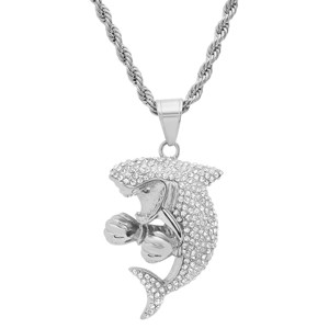 Steeltime 30" Men's stainless steel and simulated diamonds boxing shark pendant. Color Options: Silver, Gold - 1 of 4