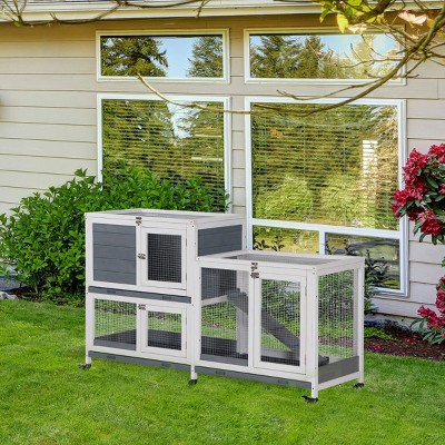 LAOTIES 57" Wooden Rabbit Hutch,2-Story Indoor Bunny Cage with Wheels,No-Leak Tray,Lockable Doors And Openable Top