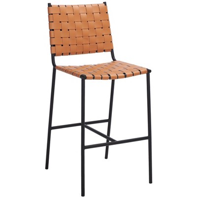 Cognac Leather and Black Metal Saddle Counter Stool