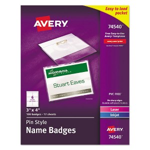 Avery Pin-Style Badge Holder with Laser/Inkjet Insert, Top Load, 4 x 3, White, 100/Box - 1 of 4