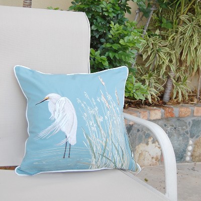 Oceana Blue Embroidered Egret Square Throw Pillow