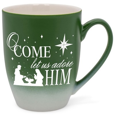 Elanze Designs O Come Let Us Adore Him Two Toned Ombre Matte Green and White 12 ounce Ceramic Stoneware Coffee Cup Mug