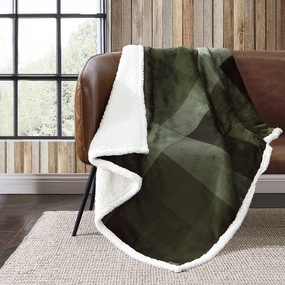 Green Pine Plaid Reversible Sherpa Fleece Throw Blanket