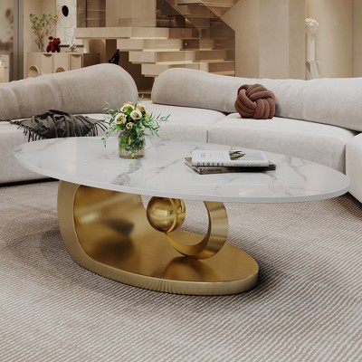 Vynxaria Marble Coffee Table with Sculptural Stainless Steel Base