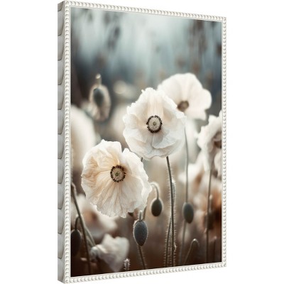 White Poppy Field Beaded Framed Canvas Wall Art