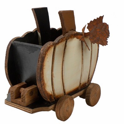 Rustic Fall Wooden Pumpkin Cart with Metal Leaves