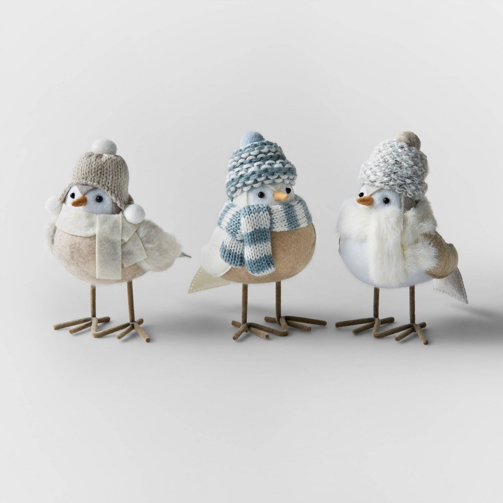 3pc Mini Fabric Winter Bird Decorative Figurine Set Gray - Wondershop