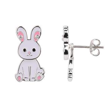 FAO Schwarz Silver Tone and White Enamel Bunny Front to Back Earrings