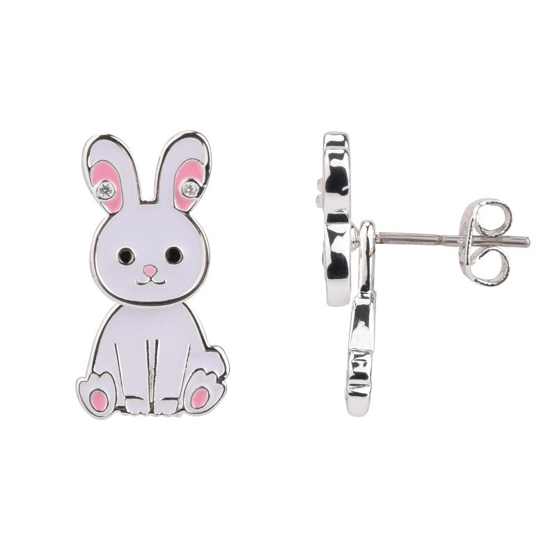 FAO Schwarz Silver Tone and White Enamel Bunny Front to Back Earrings, 1 of 4