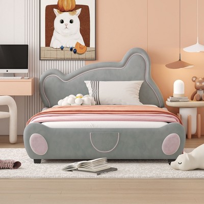 NicBex Velvet Upholstered Platform Bed Frame with Bear-Shaped Headboard and Bed-End Storage Pocket,Wood Slat Support,Easy Assembly,Beige/Gray