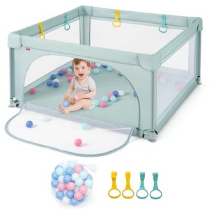 Safstar Baby Playpen, 49.5" x 49.5" Toddler Play Yard w/ 50 Ocean Balls & 4 Pull Rings, Non-Slip Safety Play Pen w/Zippered Door - 1 of 4