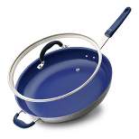 NutriChef 14" Fry Pan With Lid - Extra Large Skillet Nonstick Frying Pan with Silicone Handle, Ceramic Coating, Blue Silicone Handle