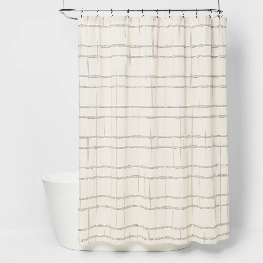 Photos - Shower Curtain Woven Modern Plaid  Ivory - Threshold™