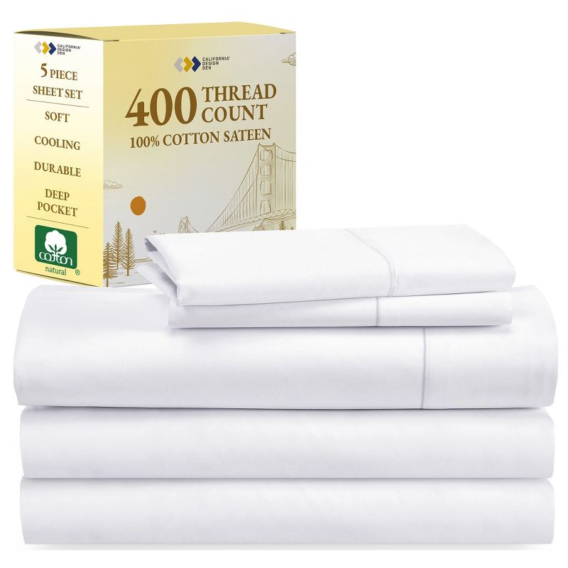Cotton Sheets Set - Softest 400 Thread Count Bed sheets, 100% Cotton Sateen, Cooling, Deep Pocket by California Design Den, 1 of 16