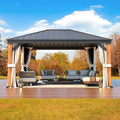 EROMMY 12'x16' Ultra-Thick Columns and Beams Hardtop Gazebo, Faux Wood Grain Aluminum Frame w Galvanized Steel Single Roof