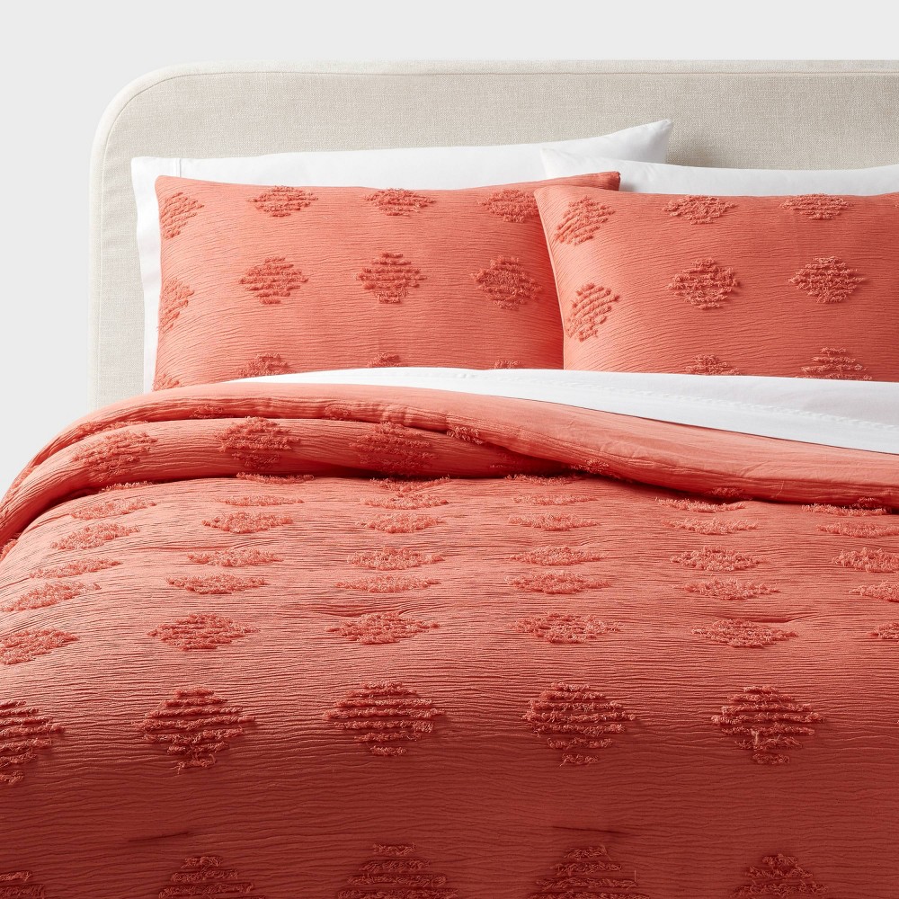 Photos - Bed Linen Full/Queen Tufted Diamond Crinkle Comforter and Sham Set Melon Pink - Thre