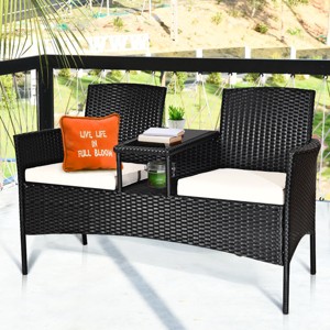 Costway Patio Rattan Conversation Set Seat Sofa Cushioned Loveseat Glass Table Chairs - 1 of 4