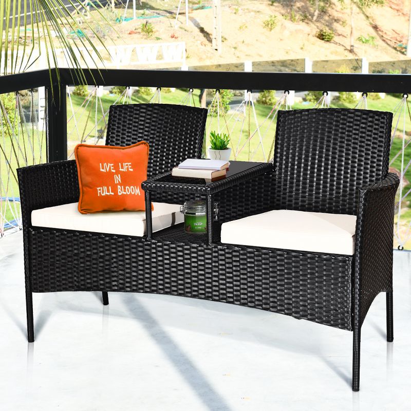 Costway Patio Rattan Conversation Set Seat Sofa Cushioned Loveseat Glass Table Chairs, 1 of 10