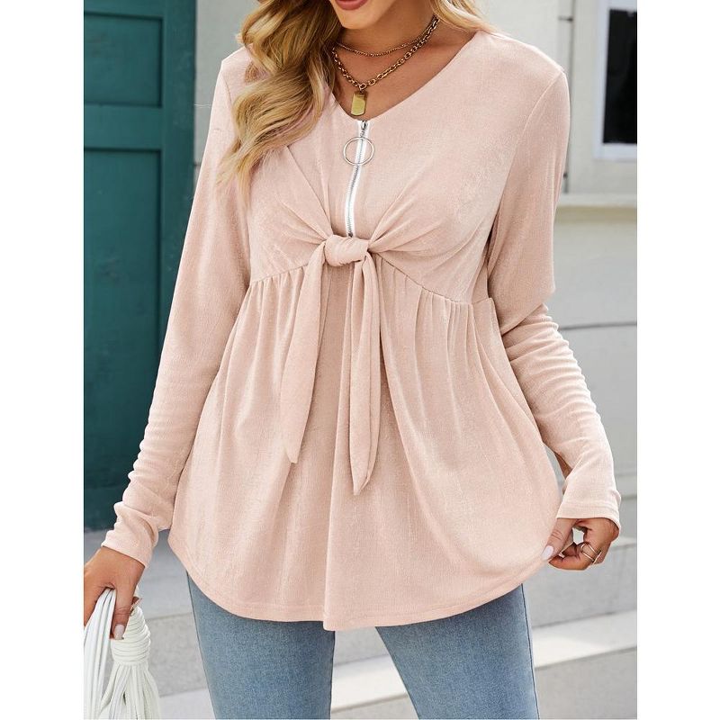 Women's V Neck Blouse Half Zip up Casual Tunic Shirts Babydoll Chest Tie Knot Shirts Ruched Flowy Hem Tunic Tops, 2 of 7