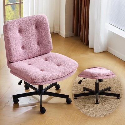 VINGLI Swivel Armless Criss Cross Vanity Chair with Wheels/no Wheels,Rocking Cross-Legged Office Desk Chair,  Teddy Fleece