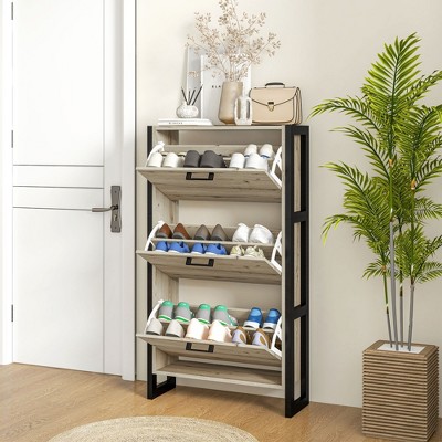 Walnut and Black Metal 3-Drawer Shoe Cabinet