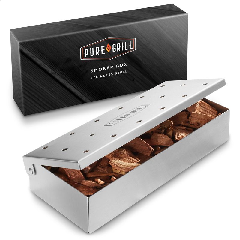 Pure Grill Stainless Steel BBQ Smoker Box with Hinged Lid for Wood Chips, Use with Charcoal and Gas Grills, 1 of 5