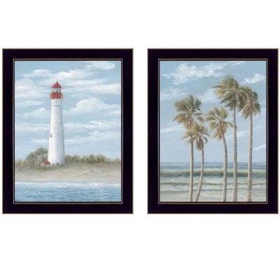 HomeRoots Set Of Two Cape May Lighthouse And Palm Trees Black Framed Wall Art