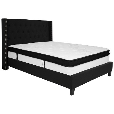Emma and Oliver Full Accent Extended Panel Platform Bed/Memory Foam Mattress-Black Fabric