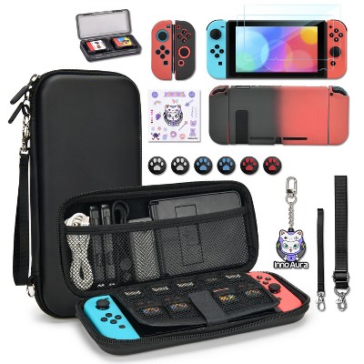 DOMETOUR Switch Case for NS Switch, 16-in-1 Bundle: Carrying Case, Game Case, Black-Red Gradient Protective Case & Screen Protector (Black).