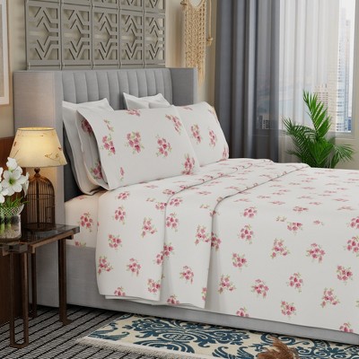 Queen Pink Floral Cotton Blend Percale Sheet Set