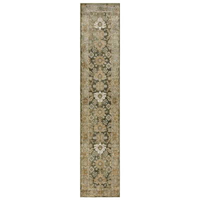 Ivory and Green Wool Synthetic Stain-Resistant Runner Rug 2'6" x 12'