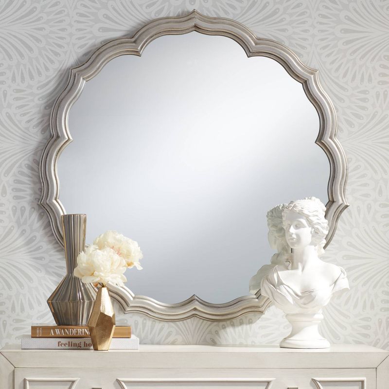 Noble Park Turin Scalloped Edge Round Vanity Wall Mirror Rustic Silver Stacked Wood Frame 34 1/2" Wide for Bathroom Bedroom Living Room Home Office, 2 of 8