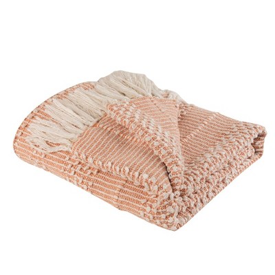 Blush and White Cotton Knotted Fringe Throw Blanket, 50x60