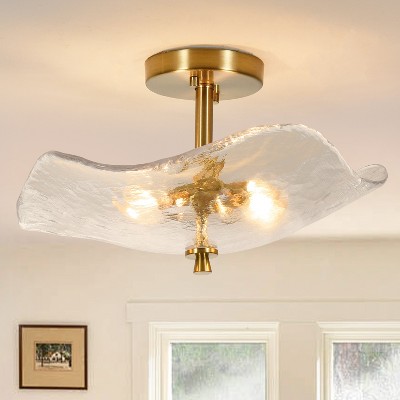 PAKOKULA 2-Light Gold Semi Flush Mount Ceiling Light with Water Ripple Glass Shade for Hallway Kitchen