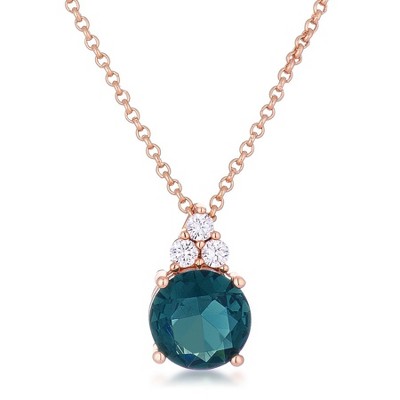 ShineHigh Simple Blue Green CZ Pendant Necklace in Rhodium or Rose Gold Plated Finish – 9mm Round Stone with Trio Cubic Zirconia Accents