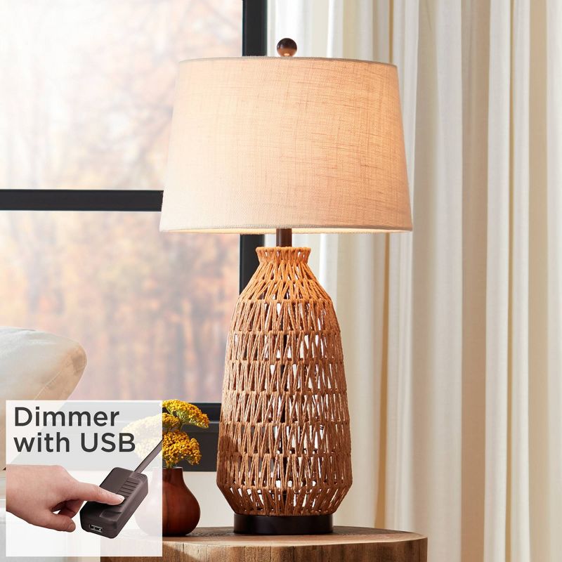 360 Lighting San Carlos Modern Coastal Table Lamp 29" Tall Natural Rattan Wicker with USB Cord Dimmer Oatmeal Fabric Shade for Bedroom Living Room, 2 of 9