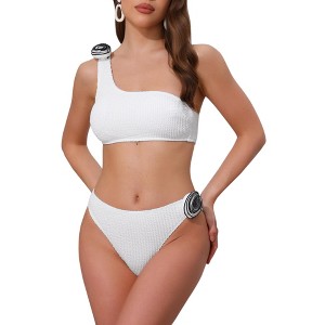 INSPIRE CHIC Women's 3D Rose Floral One Shoulder Ribbed Bikini Sets, Triangle Bottoms Swimwear Bathing Suits 1 Set - 1 of 4