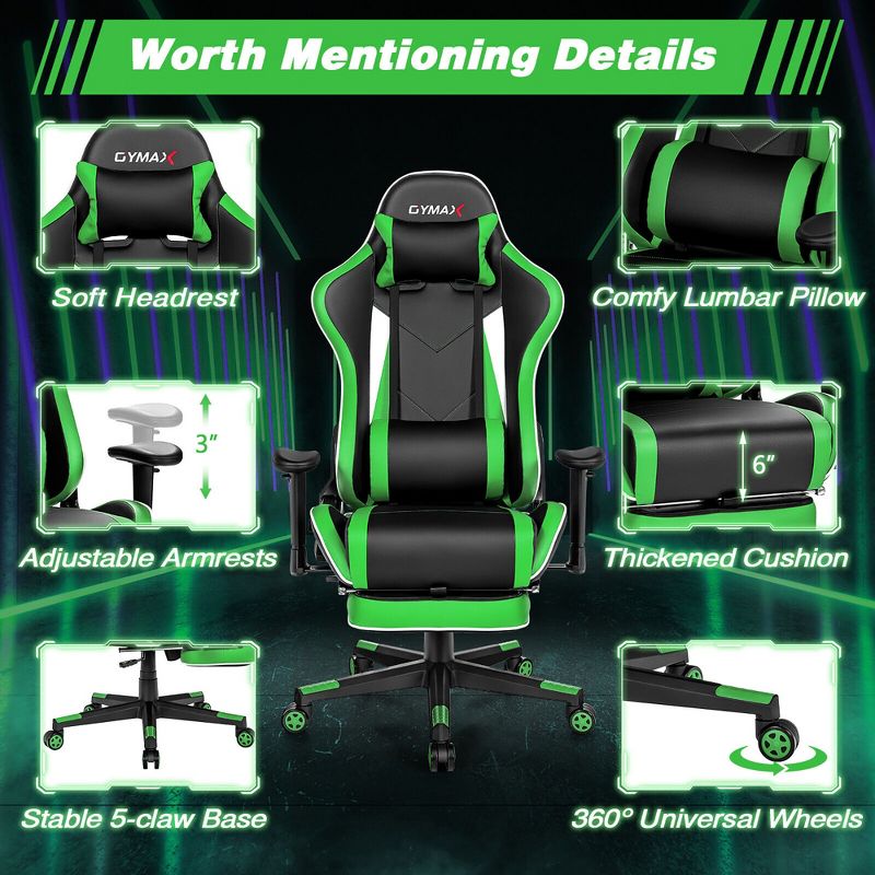 Costway High Back Gaming Chair Adjustable Office Computer Task Chair w/Footrest Green, 5 of 11