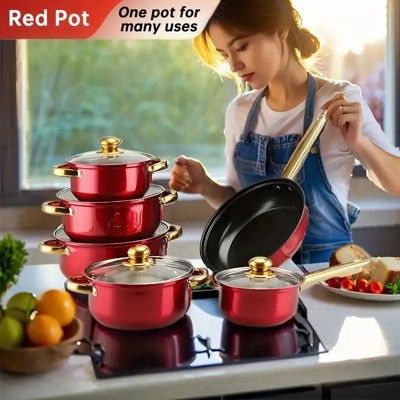LunaLulinlk red 12 Piece Stainless Steel Cookware Set, Assorted Colors Non-Stick Cookware Set