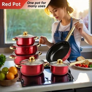 LunaLulinlk red 12 Piece Stainless Steel Cookware Set, Assorted Colors Non-Stick Cookware Set - 1 of 4