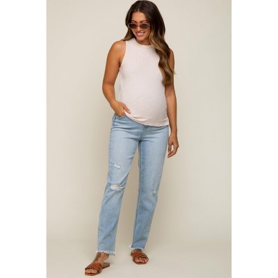 PinkBlush Light Blue Distressed Frayed Hem Maternity Jeans - image 5