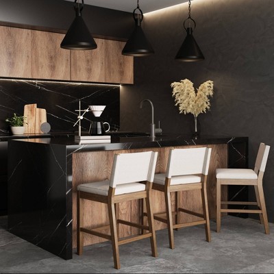 Linus Dark Brown Wood and Light Gray Linen Bar Stool