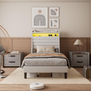 Bed Frame, Modern Upholstered Platforms Bed with Lights and Charging Station, Comfy Queen Bed Frame with Wood Slat Support - 1 of 4