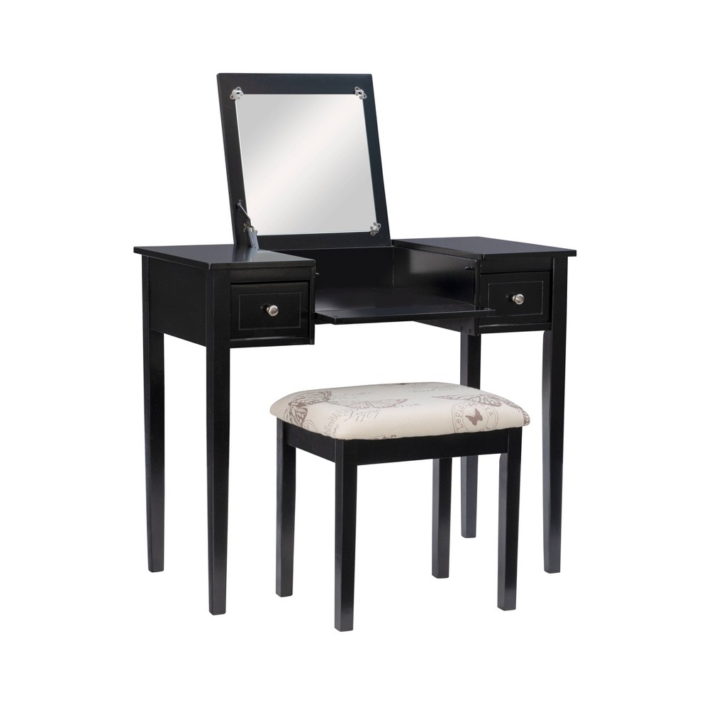 Traditional Wood Flip Up Mirror Drop Drawer Butterfly Vanity and Stool Black - Linon