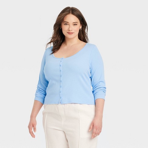 Women's Slim Fit Long Sleeve Button-front T-shirt - A New Day™ Light Blue  Xxl : Target