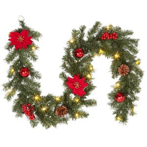 6ft Pre-Lit Christmas Garland with 20 LED Lights, Pinecones, Red Berries & Poinsettias - 1 of 4