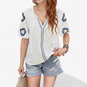 Anna-Kaci Women's Embroidered Short Sleeve Blouse with Floral Motif and Split V-Neck Detail for Casual Summer Style - 1 of 4