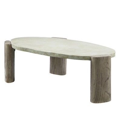 HomeRoots 47" Beige and Oak Distressed Cement Oval Coffee Table